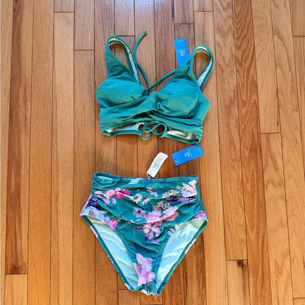 Cupshe Green Floral High-Waist Bikini